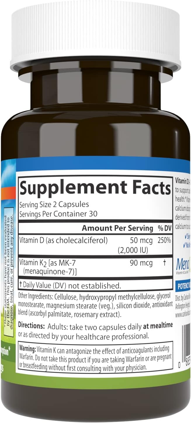 Supplement facts & ingredients image: Carlson Vitamin D3 K2 MK7 supplement facts capsules 60 count