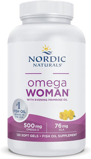 Nordic Naturals Omega Woman supplement bottle, 120 soft gels with evening primrose oil.