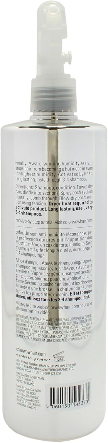 Back label of Color Wow Supernatural Spray showing instructions, ingredients and barcode.