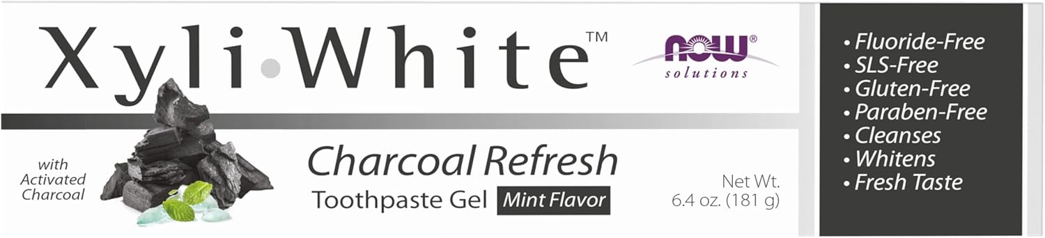 NOW Solutions Xyliwhite Charcoal Toothpaste Gel box, 181g, on white background.