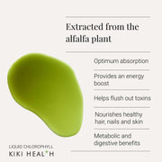 Supplement facts & ingredients image: KIKI Health liquid chlorophyll from alfalfa ingredient panel bottle 125ml