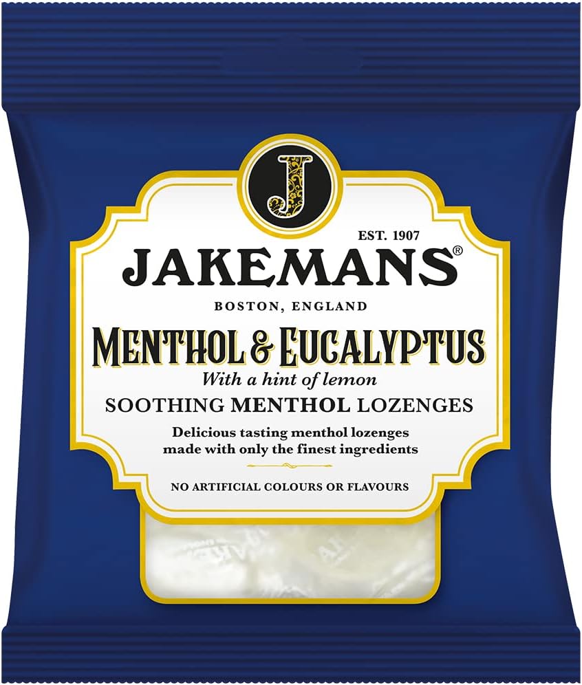 Jakemans Menthol & Eucalyptus Lozenges, bag packaging, menthol and eucalyptus flavour, 73g