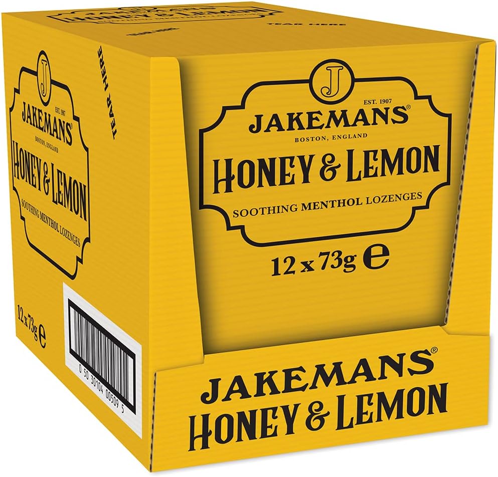 Jakemans Honey & Lemon Menthol Lozenges box packaging honey lemon flavour 12 x 73g front product image