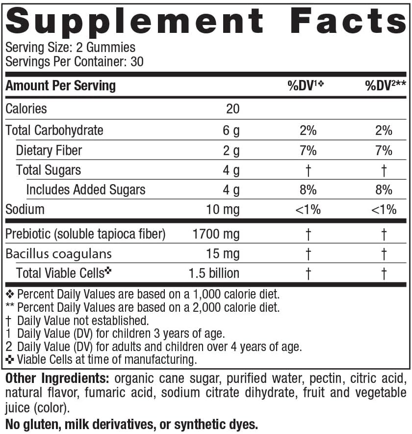 Ingredients and dosage instructions for children's probiotic gummies.