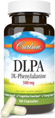 Front image: Carlson DLPA DL phenylalanine 500 mg capsules supplement bottle 60 count