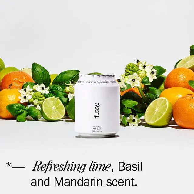 Fussy Refillable Natural Hand Wash Tropic Tonic lime basil mandarin fragrance 240ml bottle and refill ingredients
