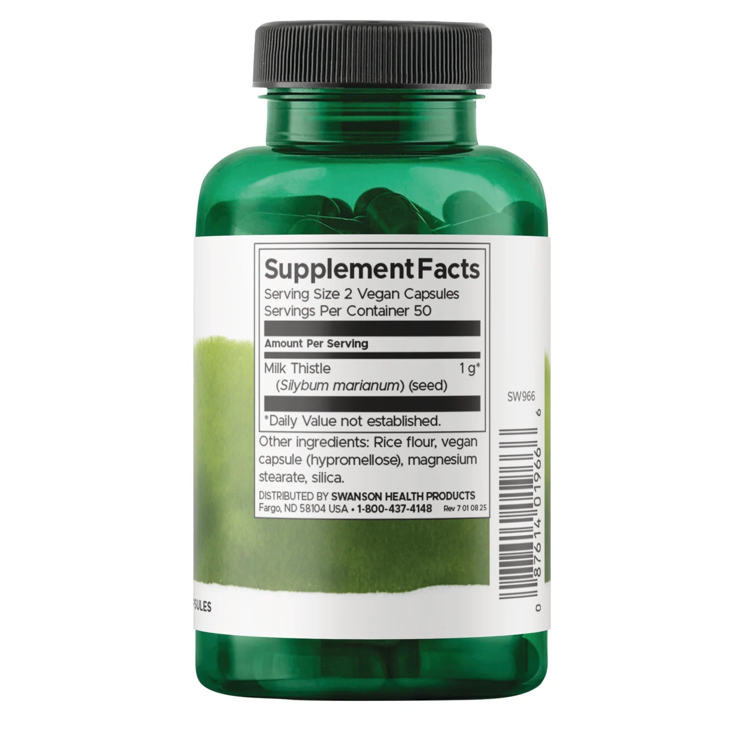 Swanson Full Spectrum Milk Thistle supplement facts ingredients & barcode vegan capsule bottle 100 count