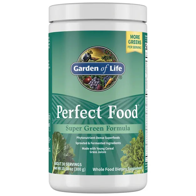 Garden of Life Perfect Food Super Greens powder tin, 300g size.