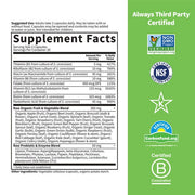 Supplement facts panel for Raw B Complex showing B vitamins, whole food & probiotic blends.