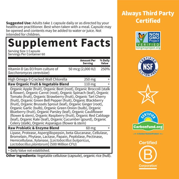 Supplement facts and ingredients label for Raw Whole Food Vitamin D3 with probiotics.