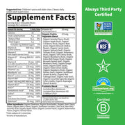 Supplement facts for kids chewable multivitamin, showing ingredients and dosage.