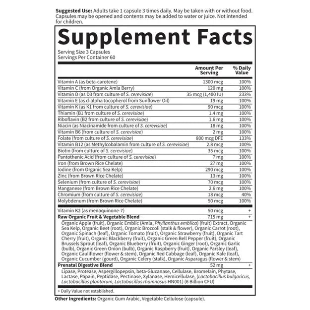 Garden of Life Vitamin Code Raw Prenatal Multivitamin supplement facts