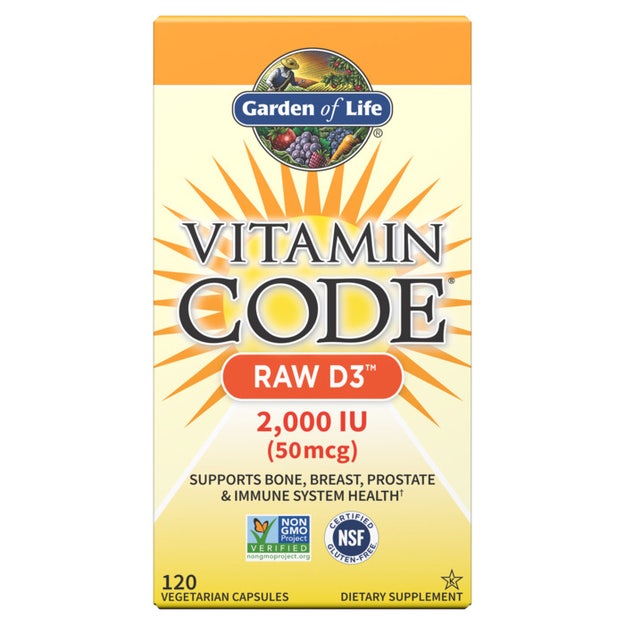 Garden of Life Vitamin Code Raw D3  box, 2000 IU, 120 vegetarian capsules on white background.