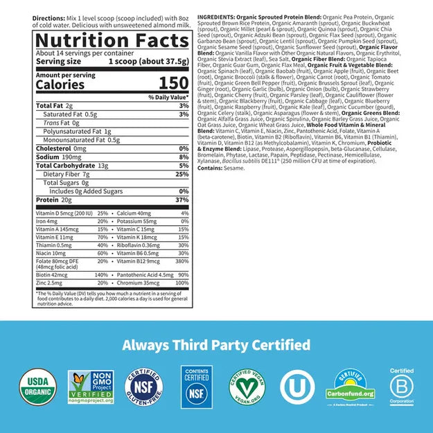 Nutrition facts and ingredients for Garden of Life Vanilla Protein Shake.