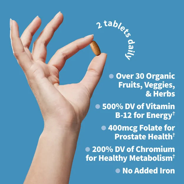 Supplement facts and organic ingredient list for Men's Multivitamin.