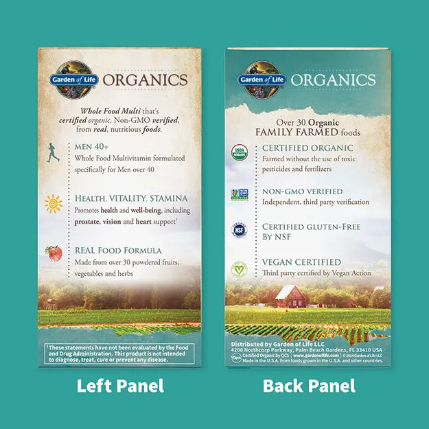 Certifications, supplement and ingredient list for Men's 40+ multivitamin.