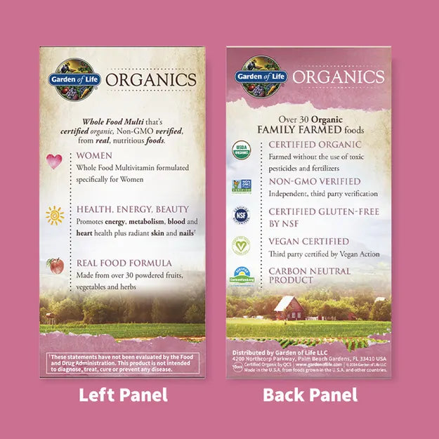 Supplement facts for Organic Women's Multivitamin.