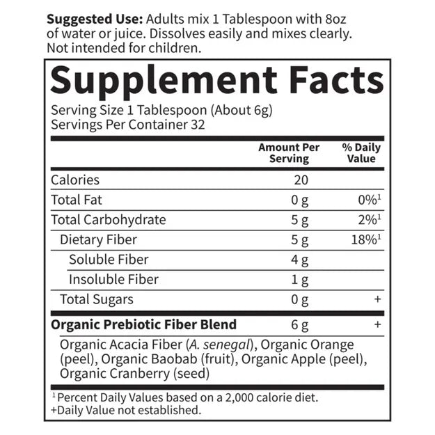 Nutrition facts and organic ingredients list for fibre powder.