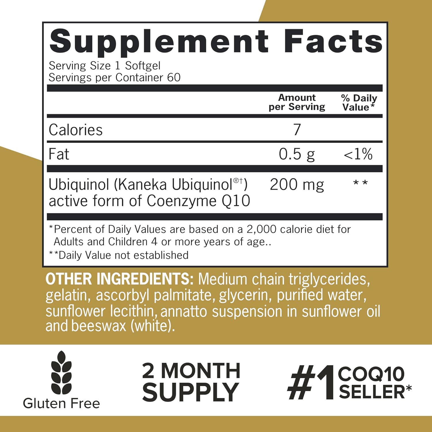 Supplement facts & ingredients image: Qunol Ubiquinol CoQ10 supplement facts 200mg ingredients 60 count