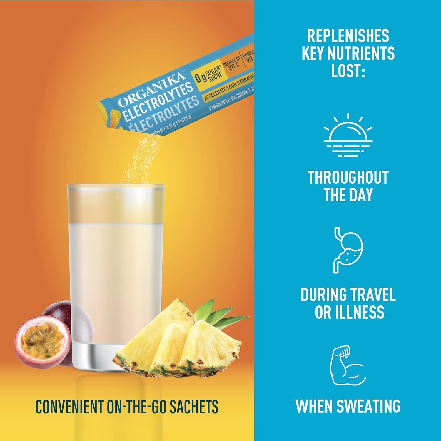 Pouring Organika electrolyte powder from a sachet into a glass of water.