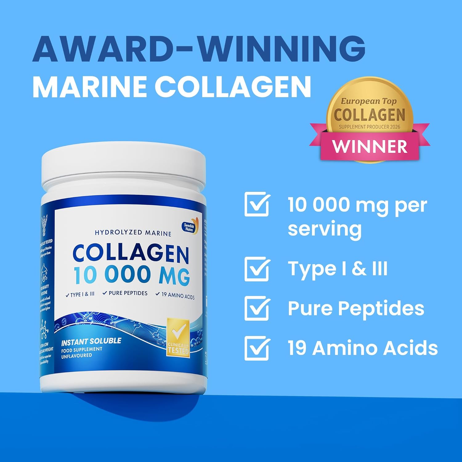 Lifestyle/use image: Swedish Nutra marine collagen powder unflavoured daily use mixed drink 300g
