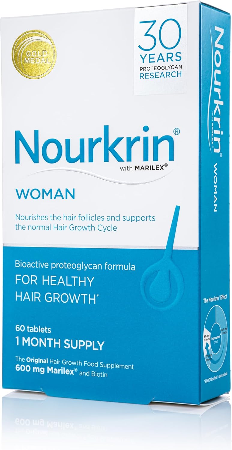 Nourkrin Woman Hair Support Supplement box, 60 tablets, on white background.