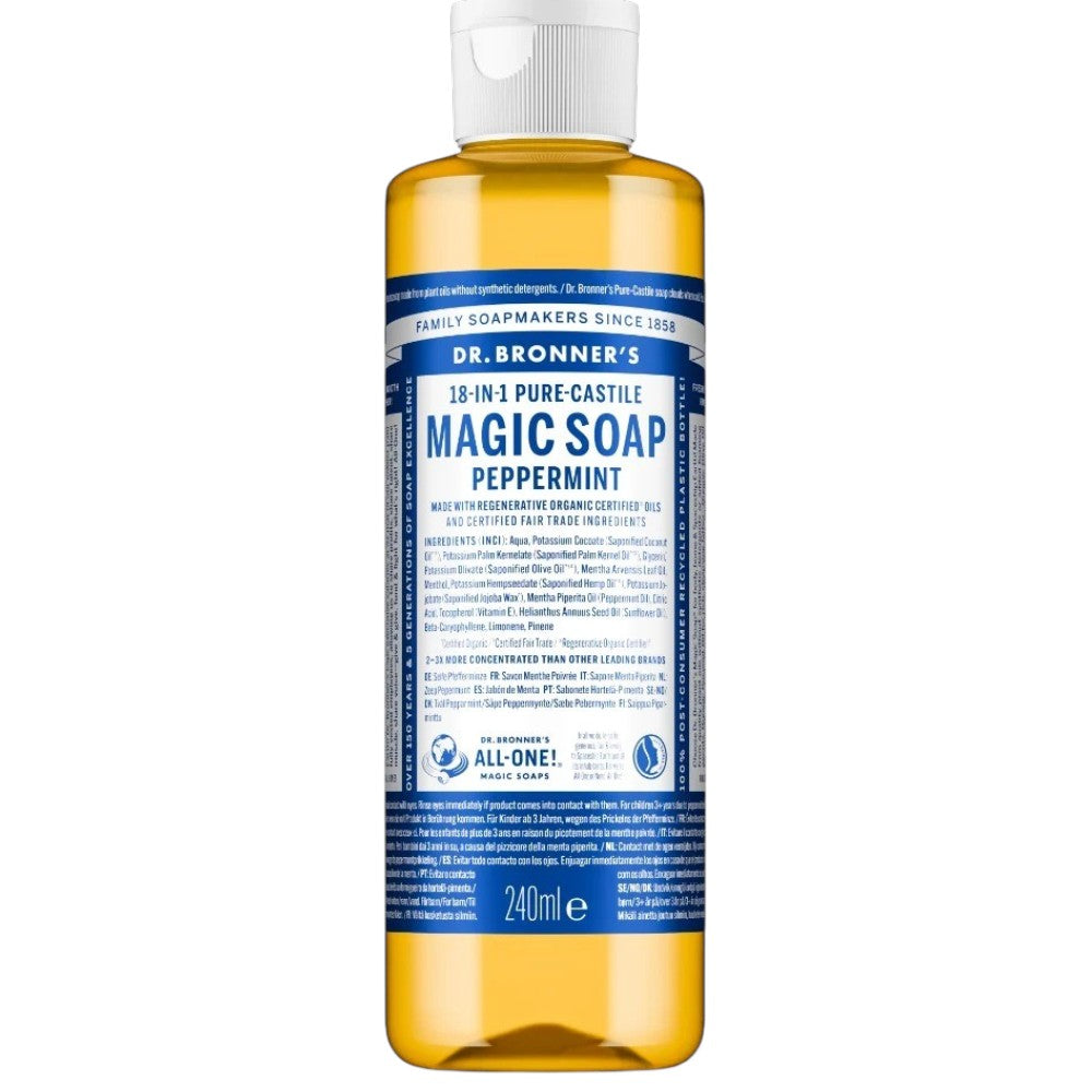 Dr. Bronner's Peppermint Pure-Castile Liquid Soap bottle, peppermint scent, 240ml