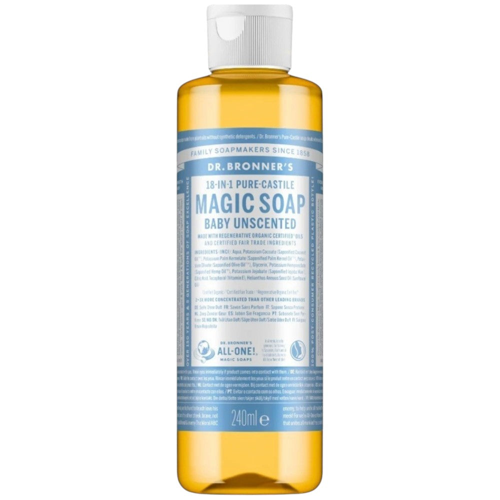 Dr. Bronner's Baby Unscented Pure-Castile Liquid Soap bottle, fragrance-free, 240ml