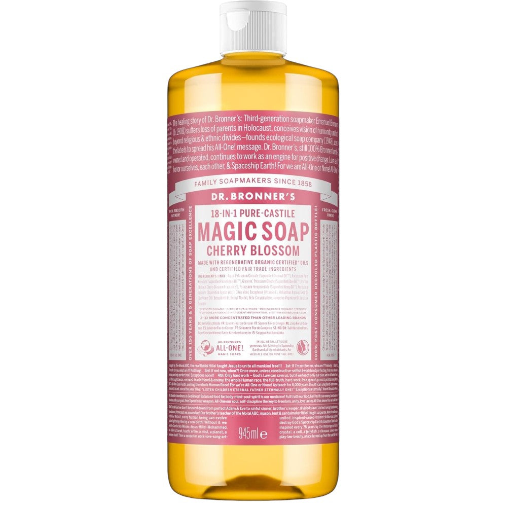 Dr. Bronner's Cherry Blossom Pure-Castile Liquid Soap bottle, cherry blossom scent, 945ml