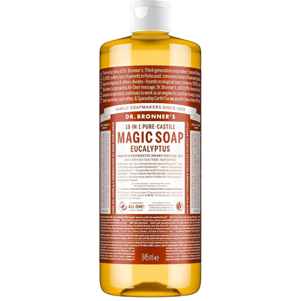 Dr. Bronner's Eucalyptus Pure-Castile Liquid Soap bottle, eucalyptus scent, 945ml