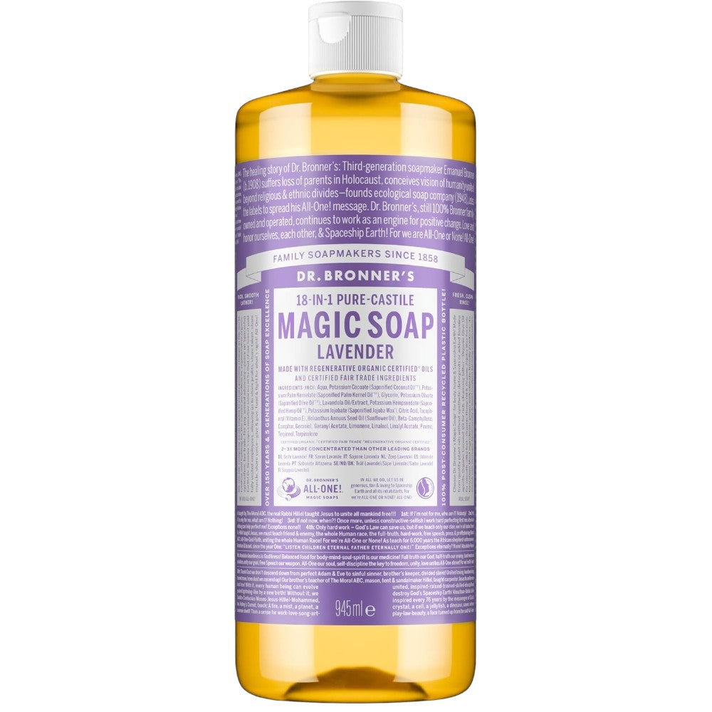Dr. Bronner's Lavender Pure-Castile Liquid Soap bottle, lavender scent, 945ml