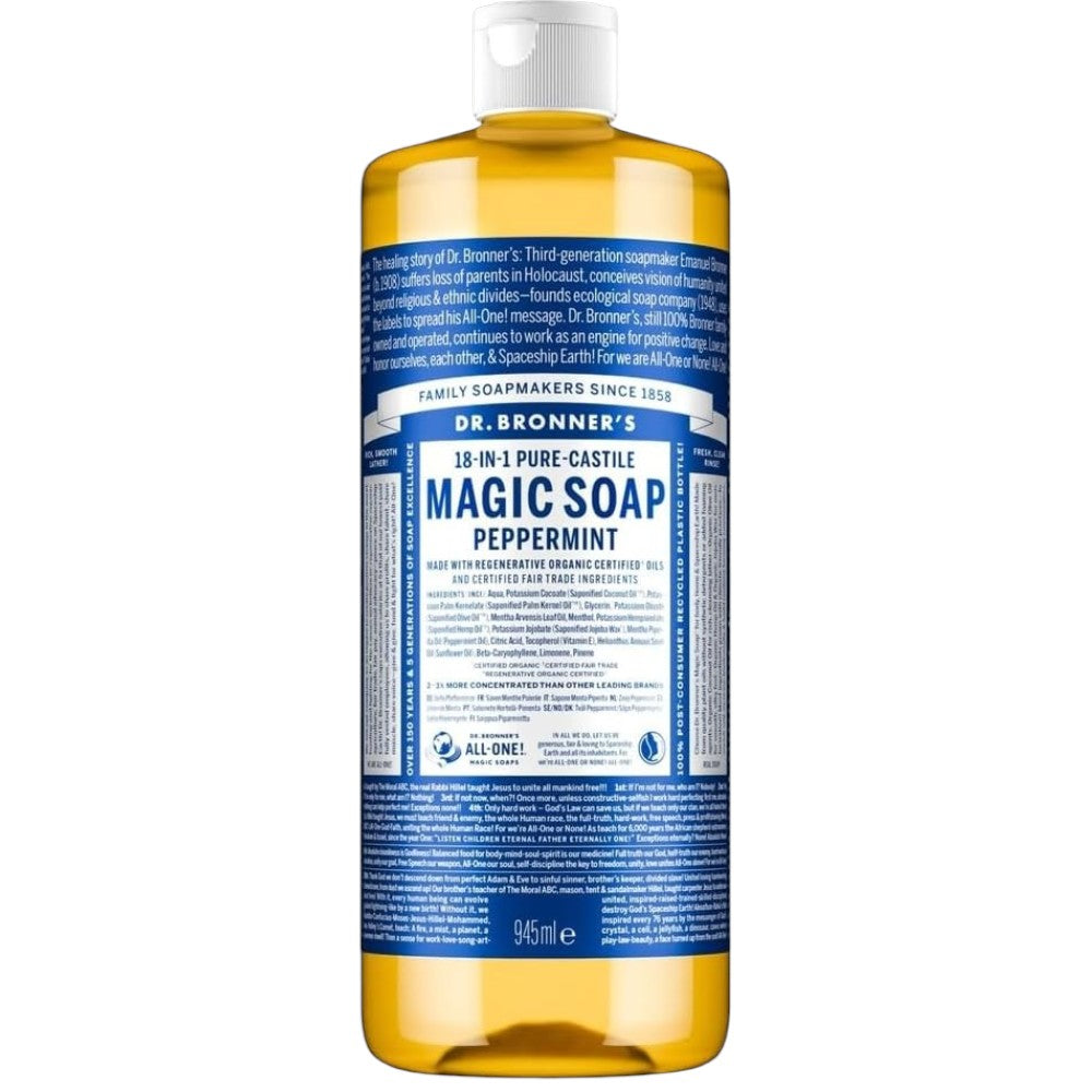 Dr. Bronner's Peppermint Pure-Castile Liquid Soap bottle, peppermint scent, 945ml