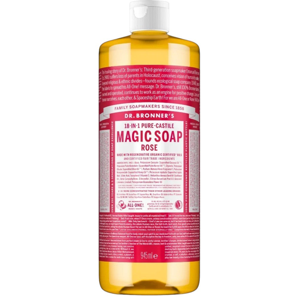 Dr. Bronner's Rose Pure-Castile Liquid Soap bottle, rose scent, 945ml