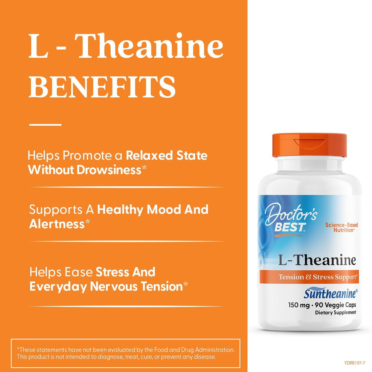 Doctor's Best L-Theanine with Suntheanine, bottle packaging, unflavoured, 150mg, 90 veggie capsules, daily dietary supplement use