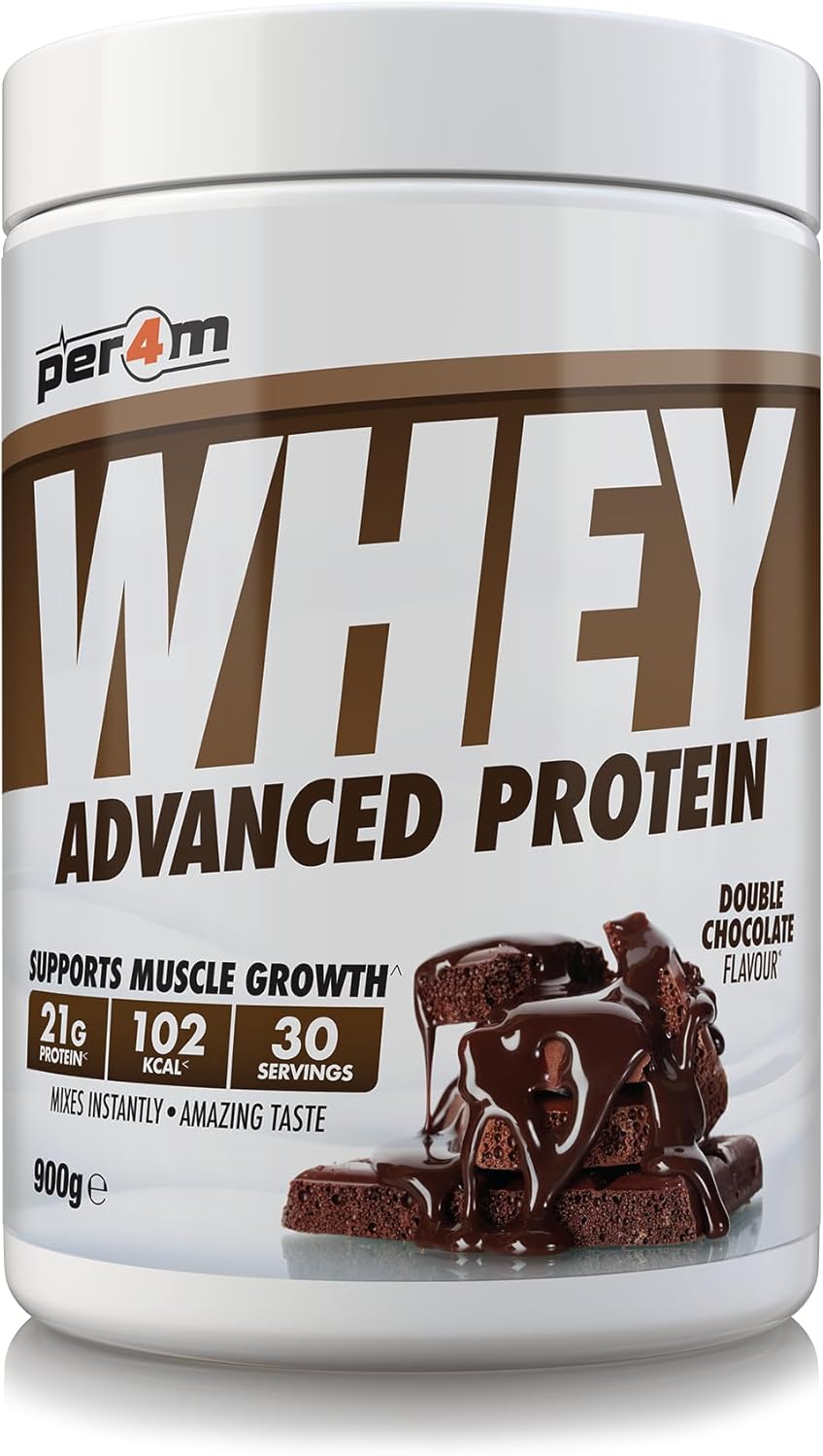 Whey protein powder container with chocolate flavor on a white background