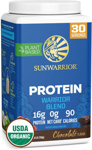 Sunwarrior Plant-Based Protein Powder tub, chocolate flavour 750g.