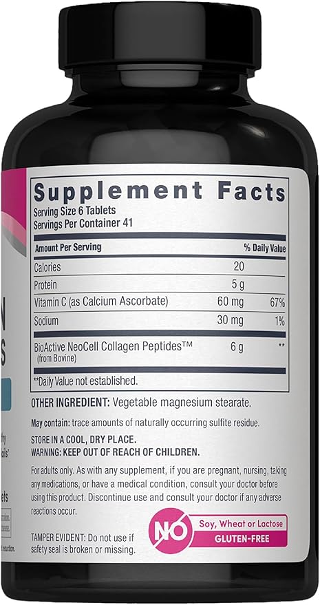 Supplement facts panel for NeoCell collagen and vitamin C tablets.