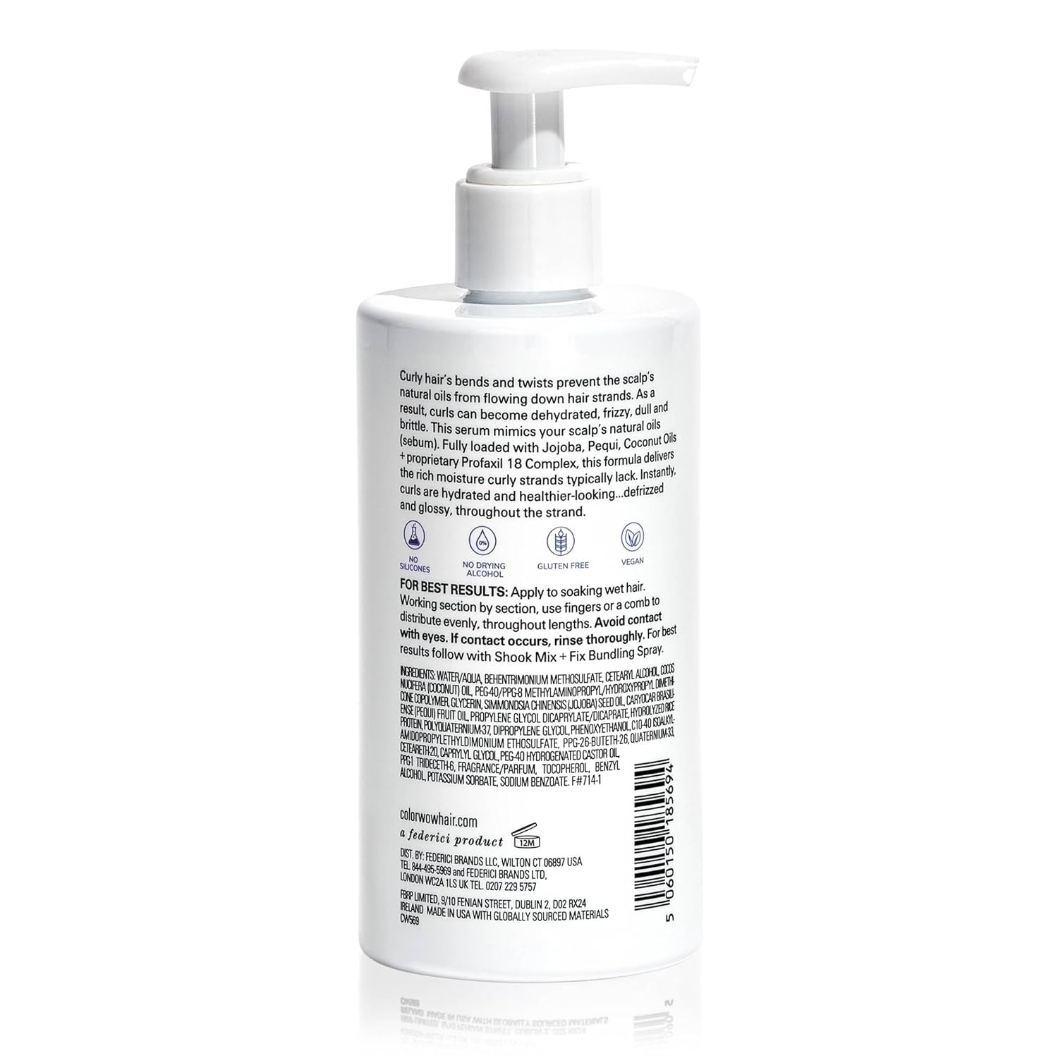 Back label of Color Wow Flo-etry Curl Serum showing ingredients list and barcode.