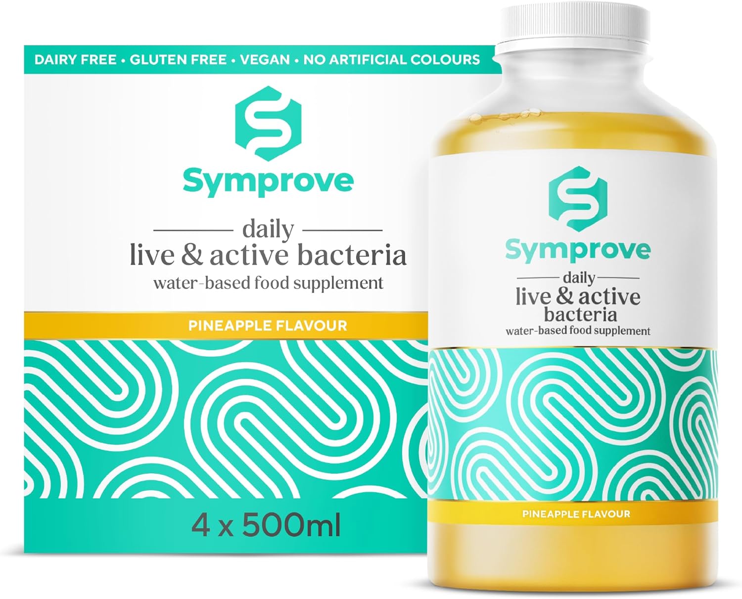 Symprove Liquid Probiotic Pineapple 4 x 500ml multipack bottles live active bacteria supplement front view