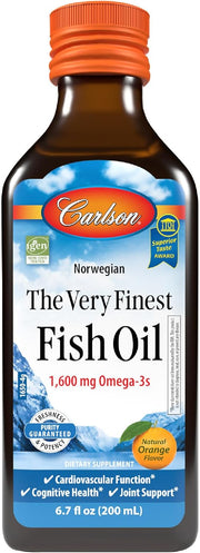 Front image: Carlson Very Finest Fish Oil liquid omega 3 1600 mg bottle orange