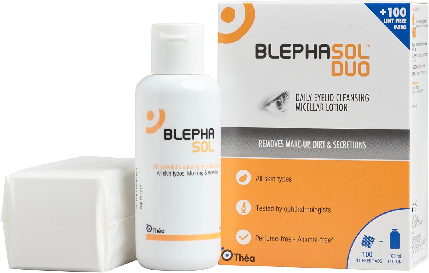 Blephasol Duo Eyelid Cleansing Lotion bottle and lint-free pads package.