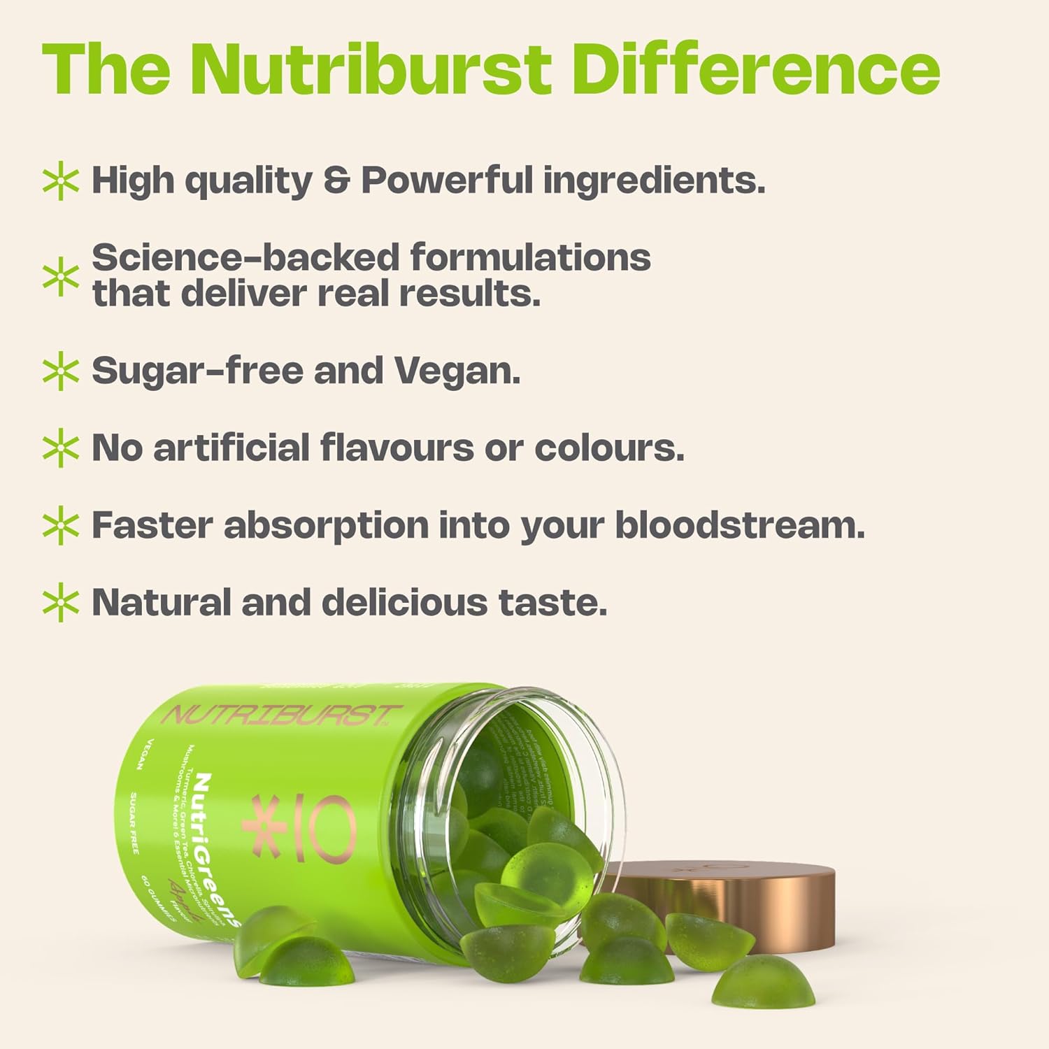 Nutriburst NutriGreens Gummies bottle, apple flavour, 60 count superfood supplement.