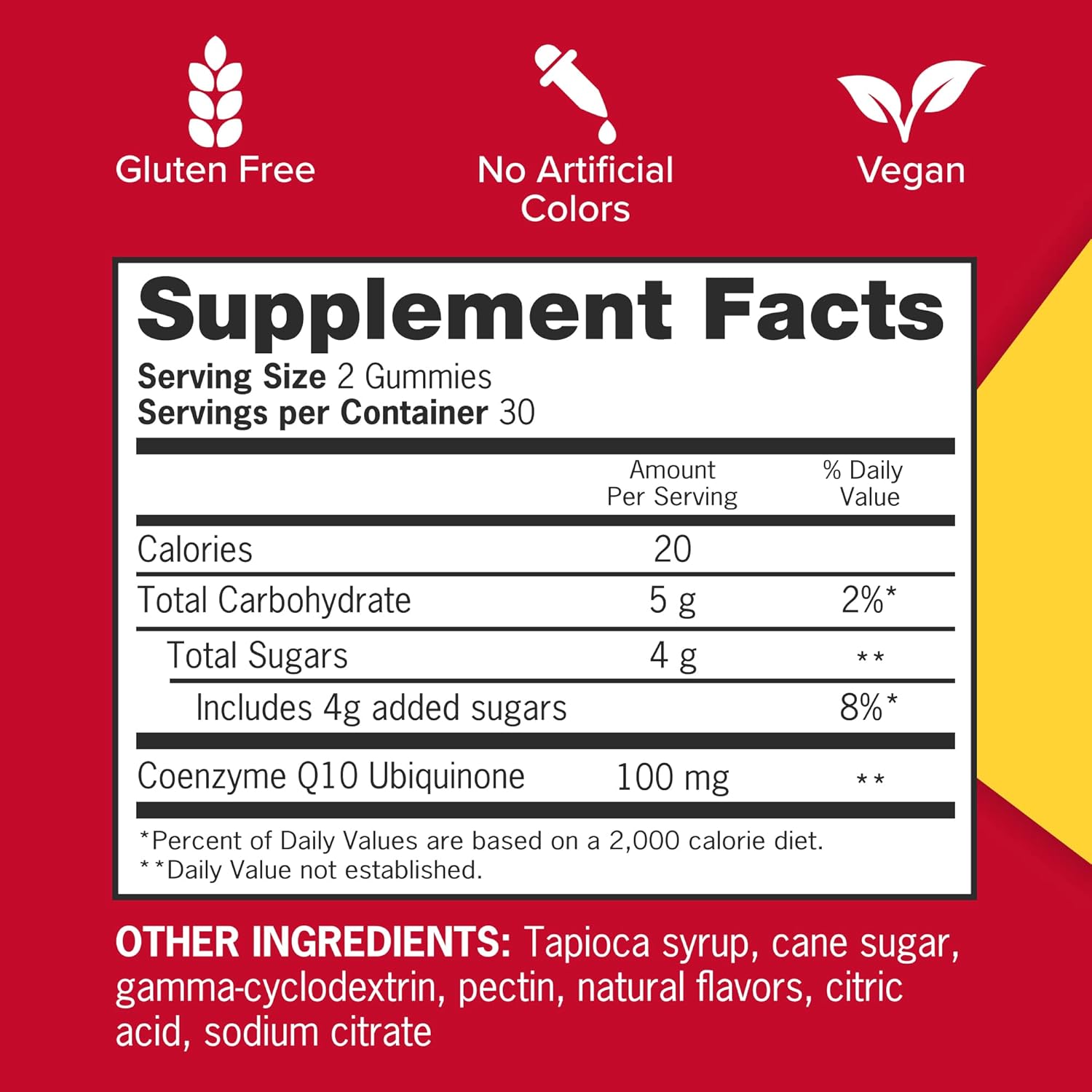 Supplement facts & ingredients image: Qunol CoQ10 gummies supplement facts 100mg ingredients 60 count
