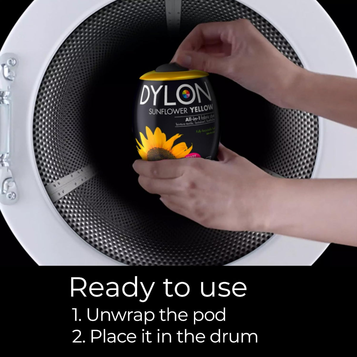Dylon All-in-1 Washing Machine Fabric Dye Pod Sunflower Yellow 350g usage instructions packaging