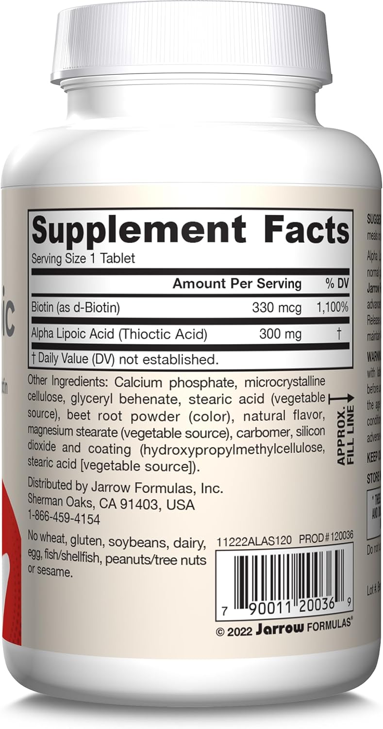 Supplement Facts & Barcode Image: Jarrow Formulas Alpha Lipoic Sustain 300mg 120 tablets supplement facts and ingredients