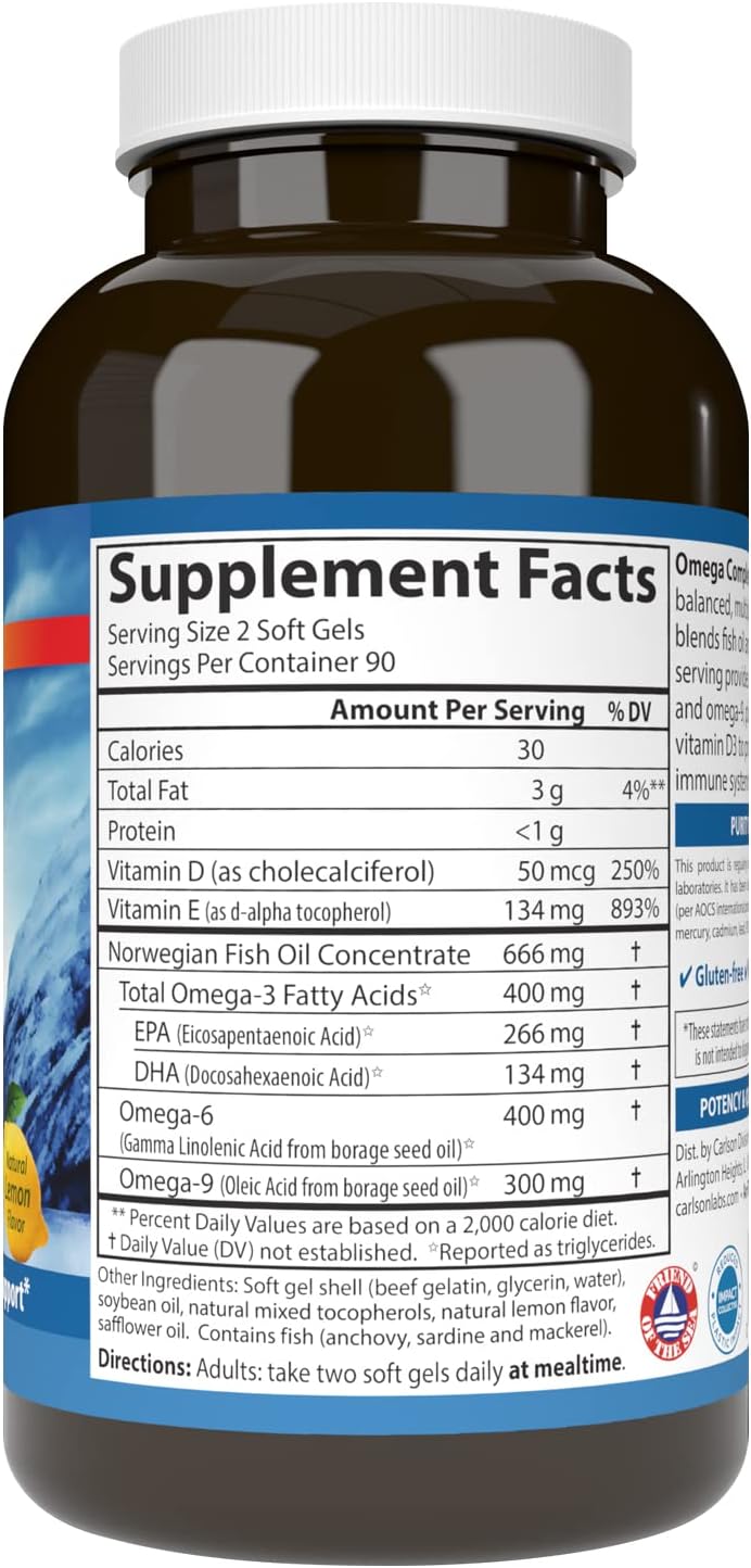 Supplement facts & ingredients image: Carlson Omega Complete Gems omega fatty acids supplement facts softgels 180 bottle