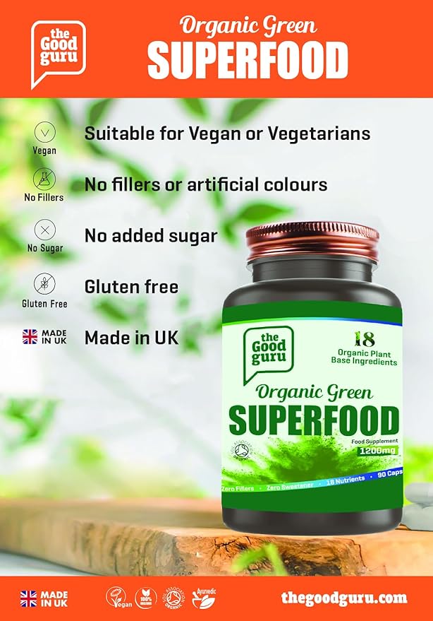 The Good Guru Organic Green Superfood - Blend of 18 Plants, 90 Capsules