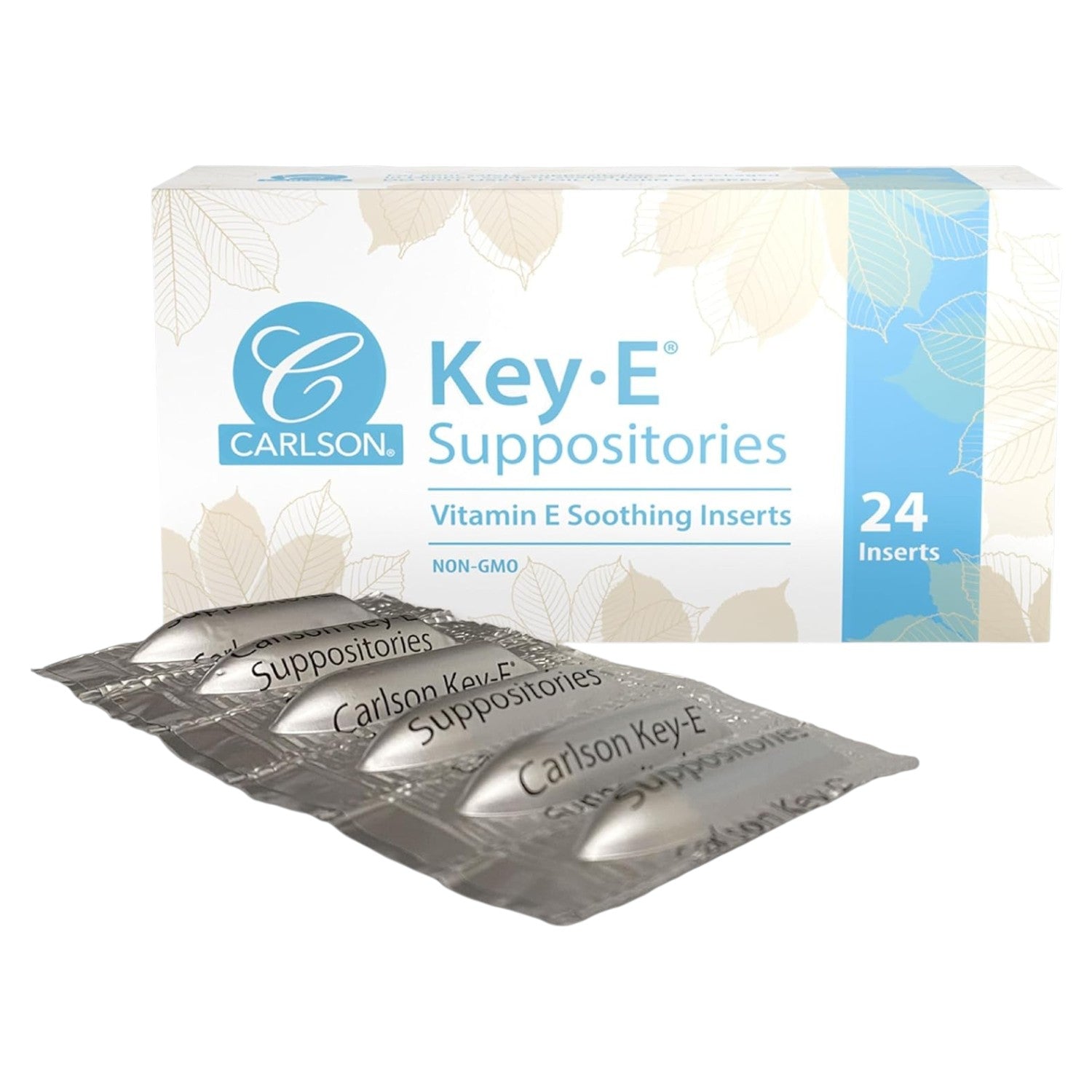 Front image: Carlson Key E vitamin E suppositories 30 IU insert pack 24 count