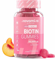 Novomins Biotin Gummies 10000mcg Peach 60 Count bottle supplement front view