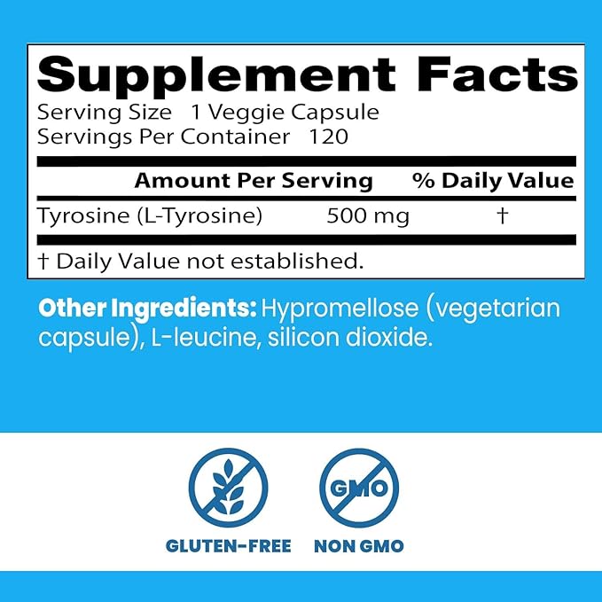 Back: Supplement facts panel for Doctor's Best L-Tyrosine, showing ingredients and dosage.